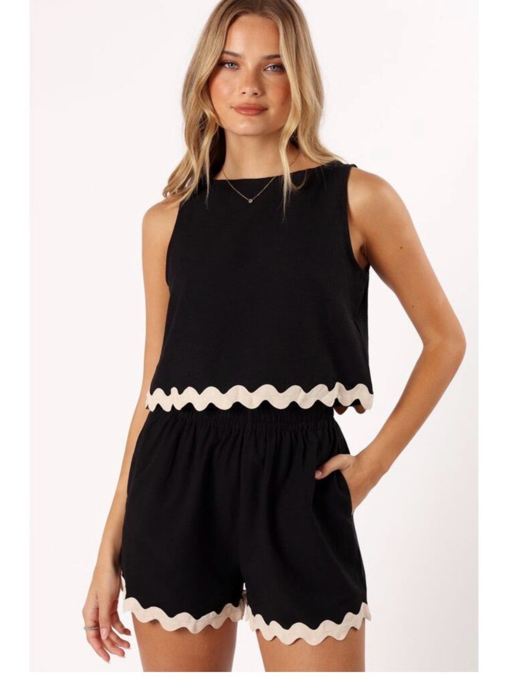 Petal & Pup Black High Waist Set with Cream Scallop Trim